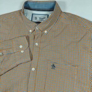 Original Penguin Mens Oxford Button‎ Front Shirt Orange Plaid Long Sleeve Size L